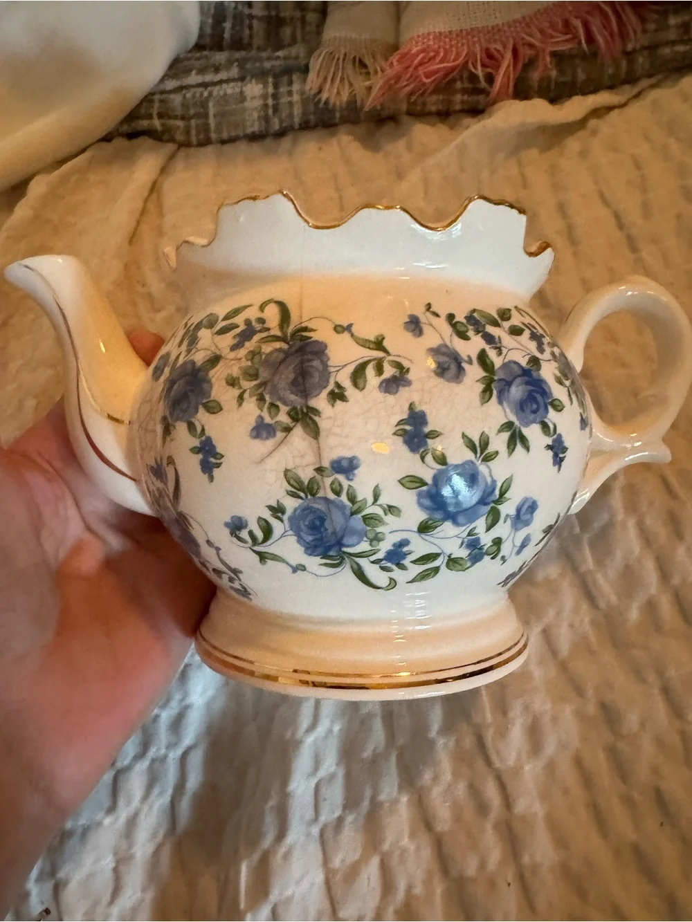 Classic Floral Ceramic Teapot in White with Blue Rose Accents